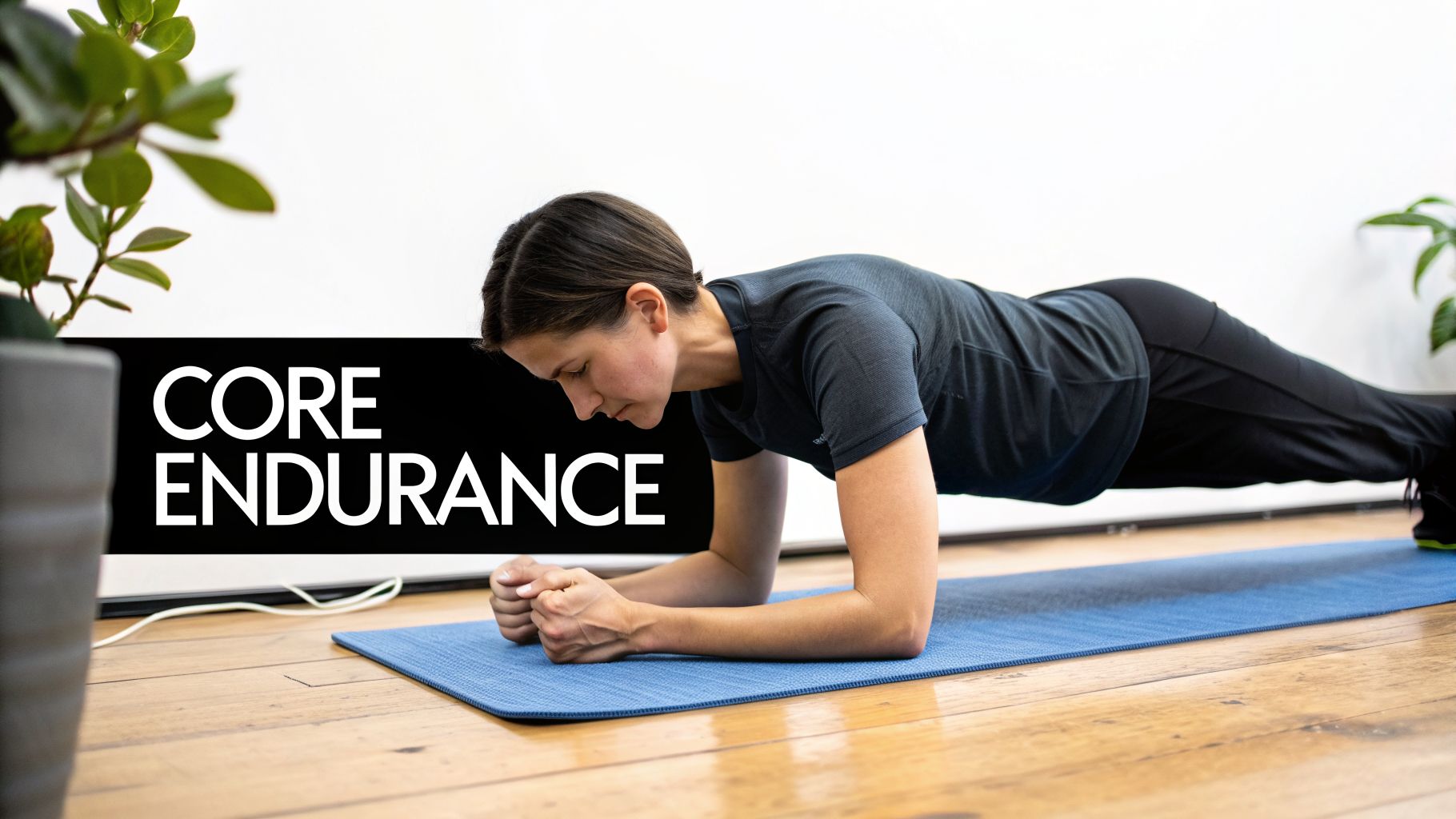 A woman performing a plank exercise on a blue yoga mat to build core endurance.