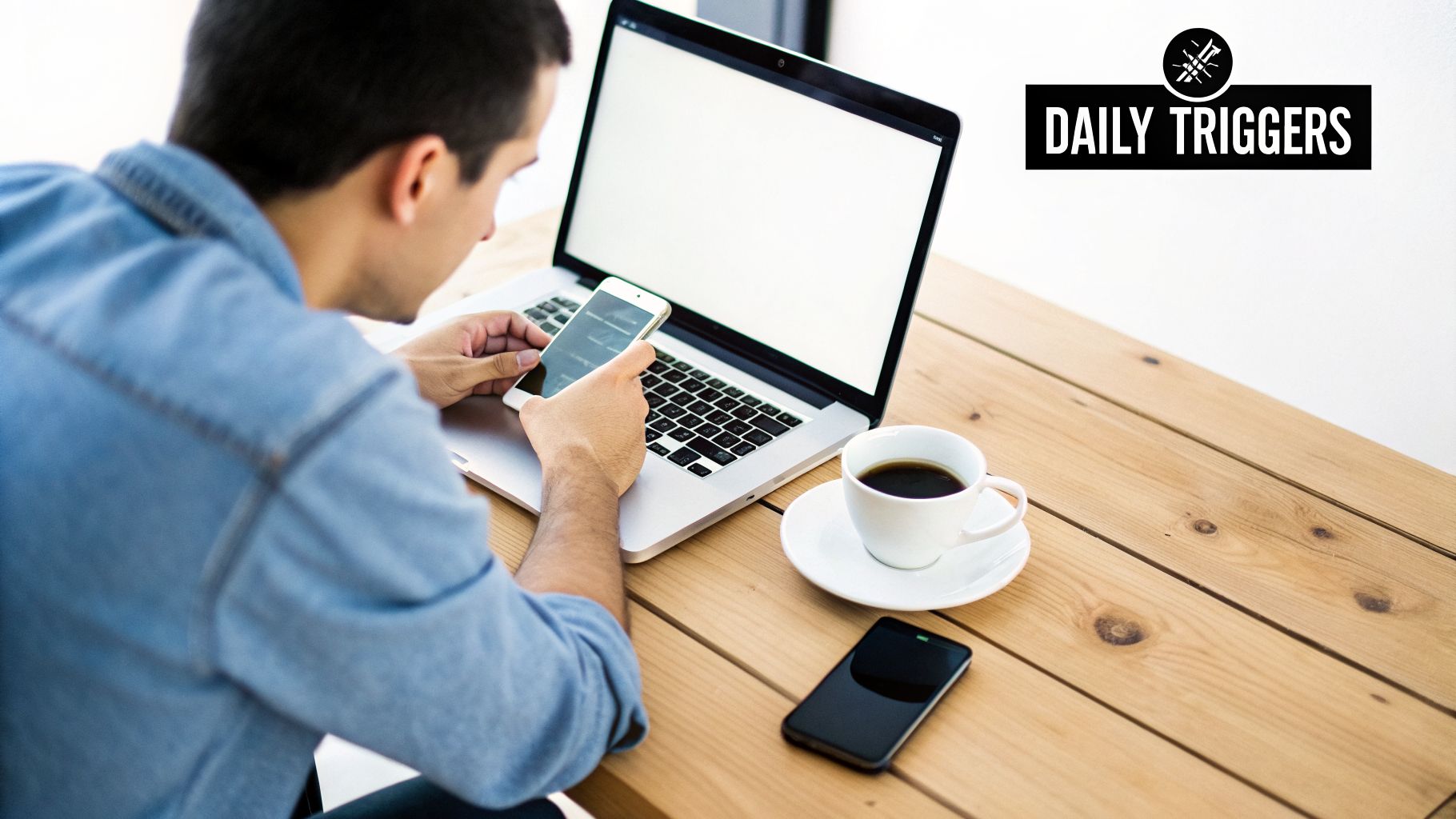 Young man multi-tasking, using a smartphone while a laptop and coffee are on a wooden table.