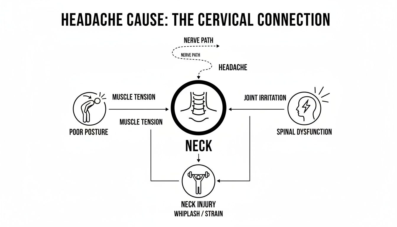 Diagram showing how poor posture, spinal dysfunction, and neck injury lead to neck problems and headaches.