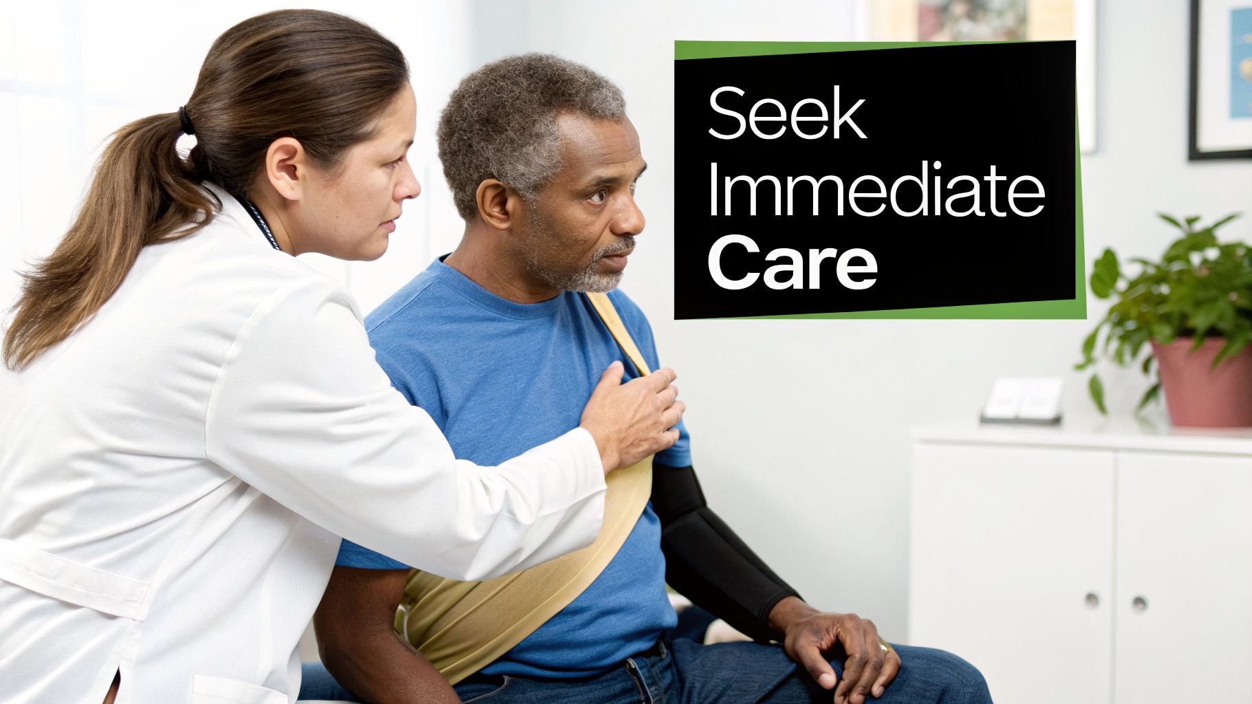 A female doctor assists a male patient wearing a sling for a shoulder injury, with text 'Seek Immediate Care'.
