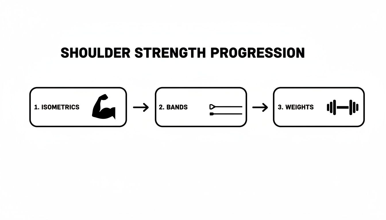 Visual guide showing a shoulder strength progression from isometrics to bands and then weights.