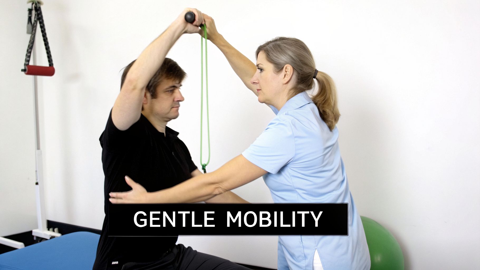A female therapist guides a male patient through gentle shoulder mobility exercises using a resistance band.
