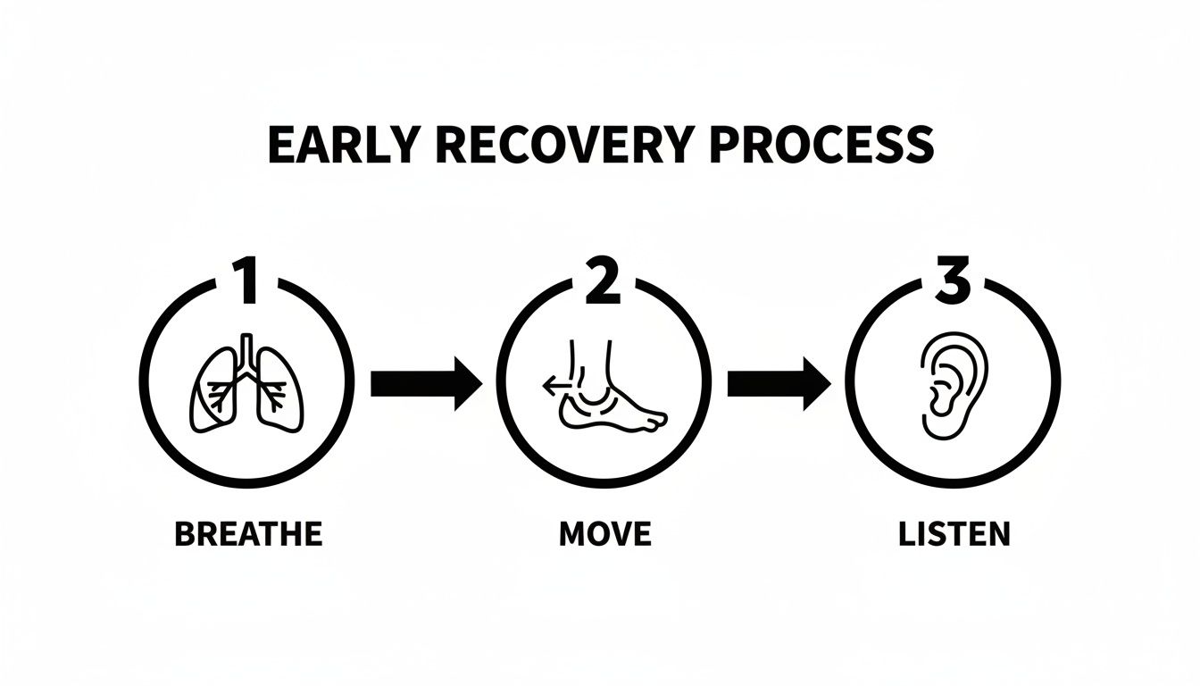 A three-step diagram illustrating the early recovery process: Breathe (lungs), Move (foot), and Listen (ear).