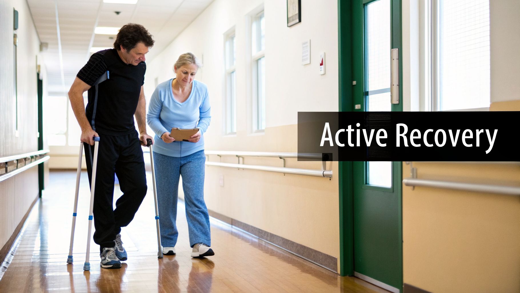 Patient on crutches walking with a physical therapist in a hospital corridor for active recovery.