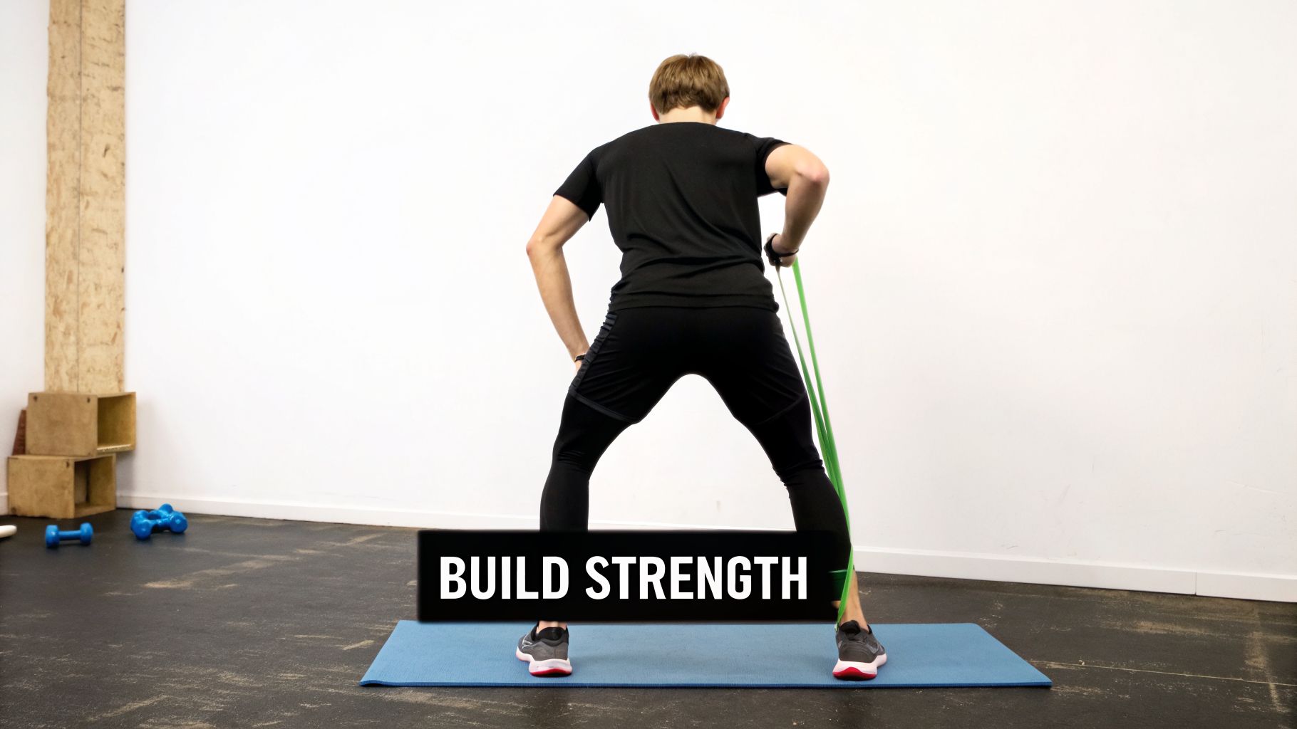 Person from behind building strength with a green resistance band workout on a blue mat.