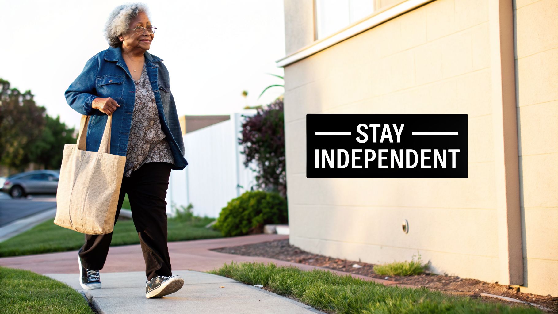 An elderly Black woman walking on a sidewalk, smiling, carrying a tote bag, with a 'STAY INDEPENDENT' sign.