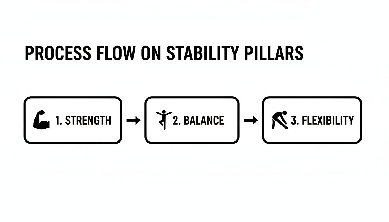 Process flow diagram showing three stability pillars: Strength, Balance, and Flexibility, with icons.