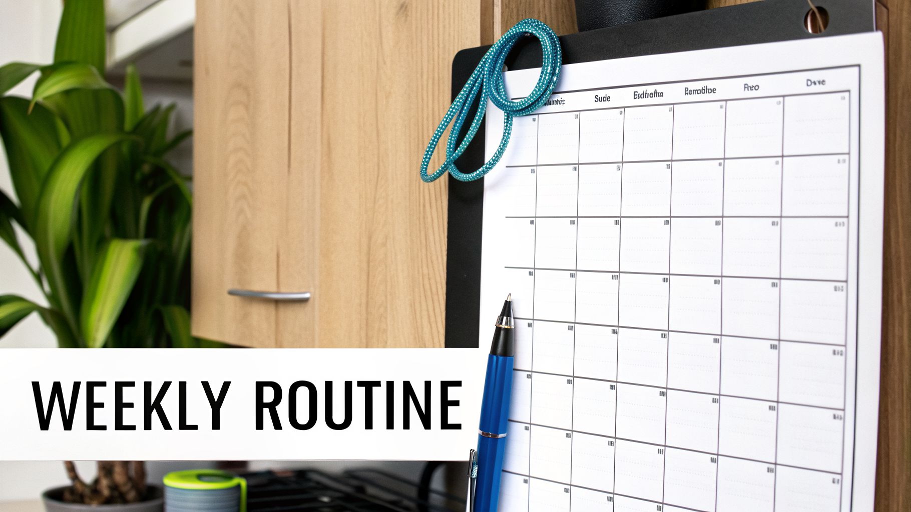 A weekly routine planner with a blue pen and a decorative item, next to a houseplant and kitchen cabinets.