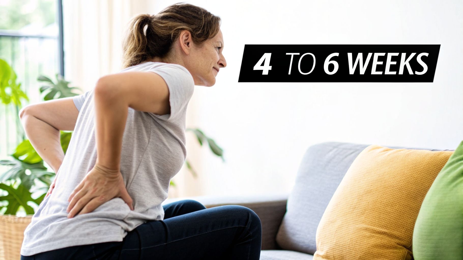 A woman grasps her lower back, appearing to be in pain, with text '4 to 6 WEEKS'.