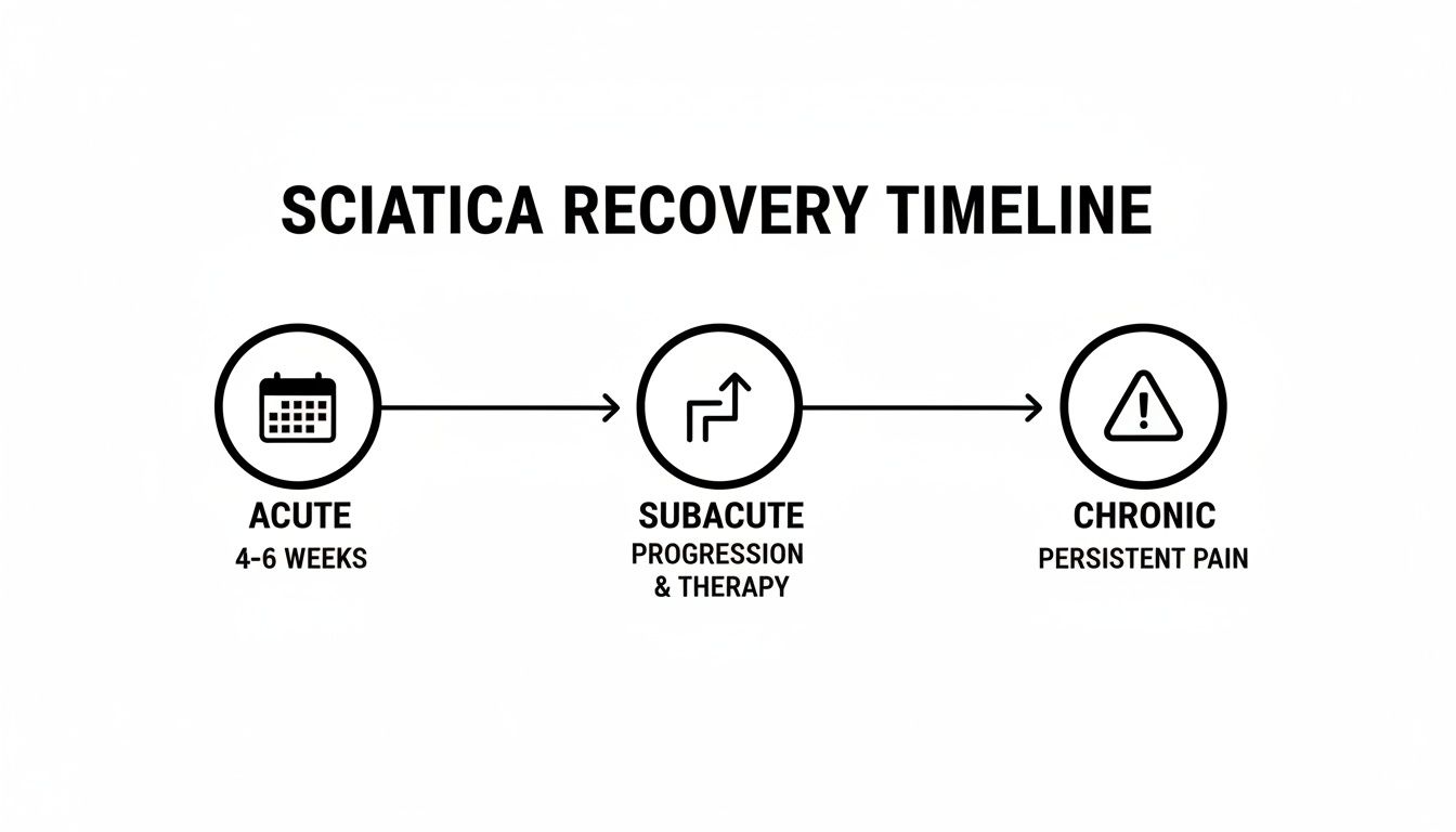 A timeline illustrating sciatica recovery phases: Acute (4-6 weeks), Subacute (progression & therapy), and Chronic (persistent pain).
