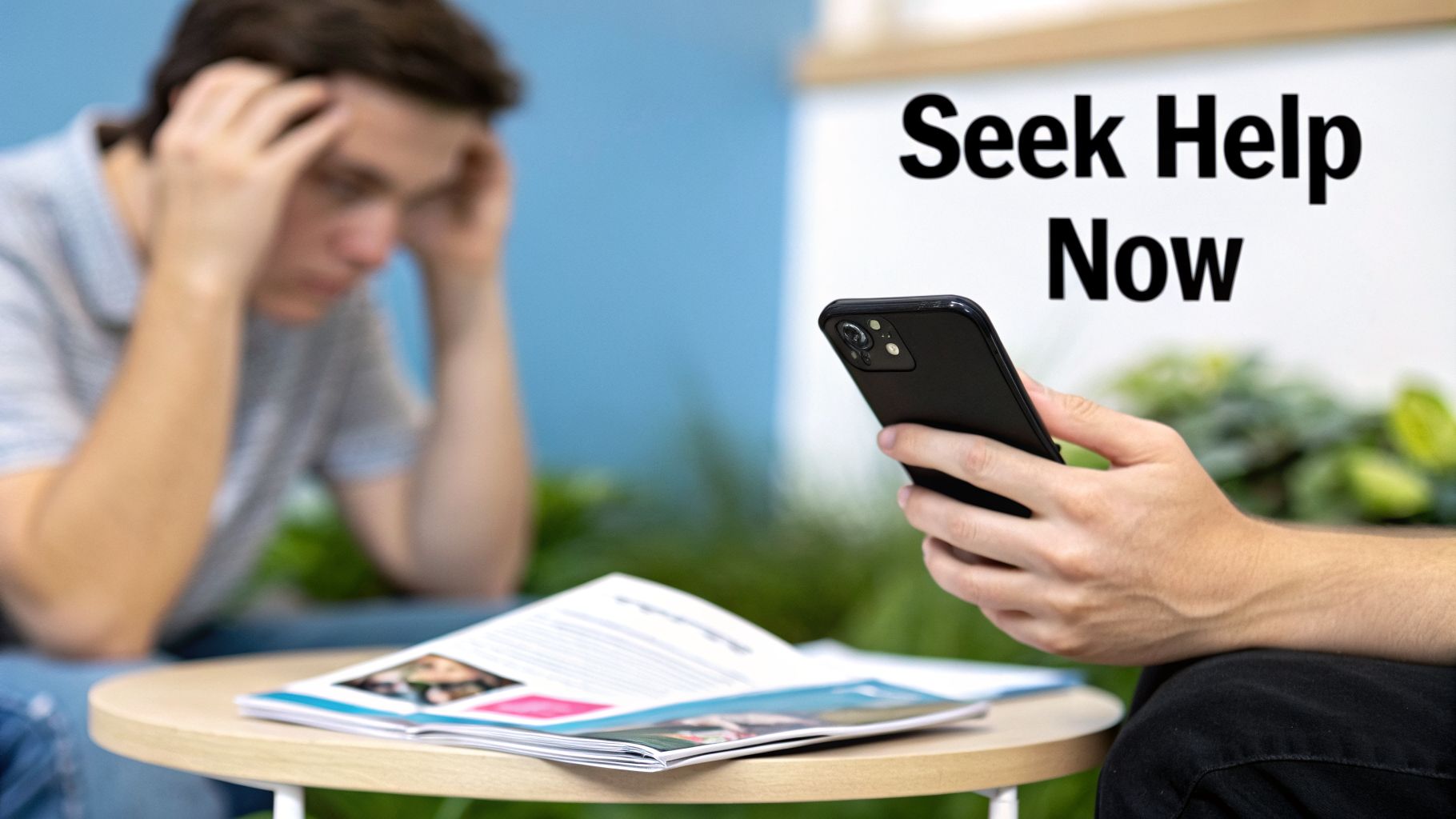 A person holds a smartphone with 'Seek Help Now' visible, while another person appears distressed.