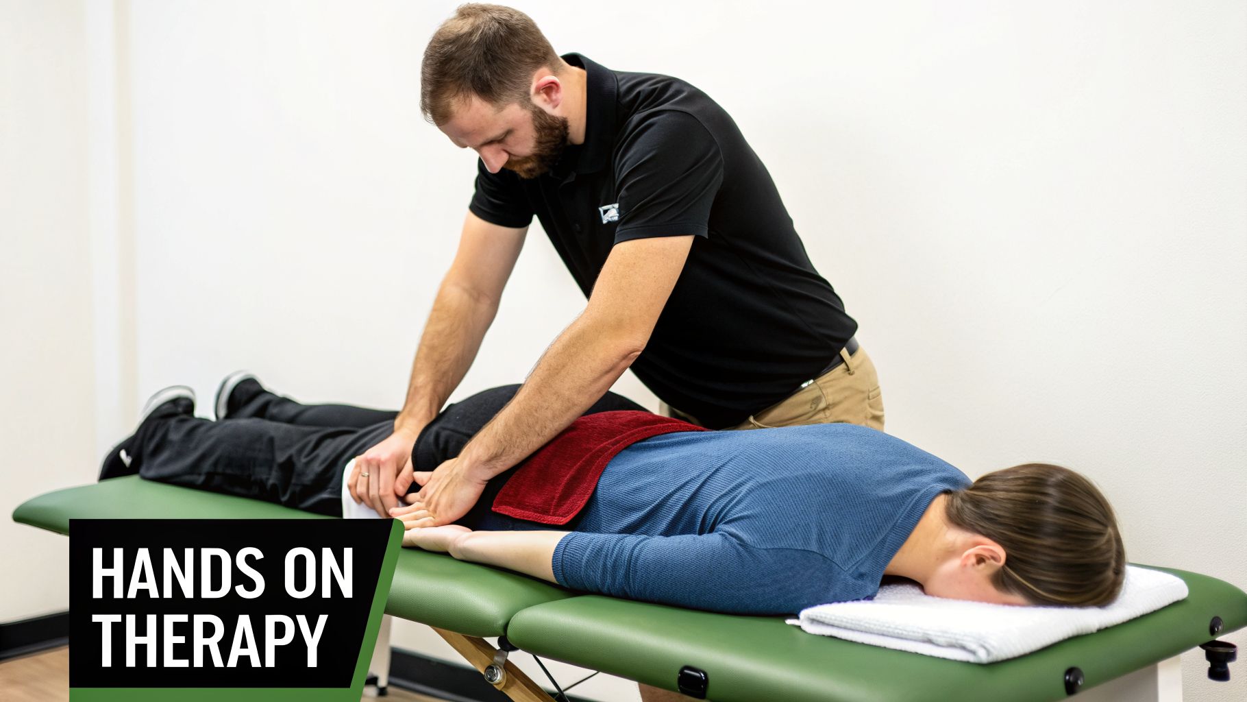 A male physical therapist performs hands-on therapy on a female patient's lower back on a treatment table.