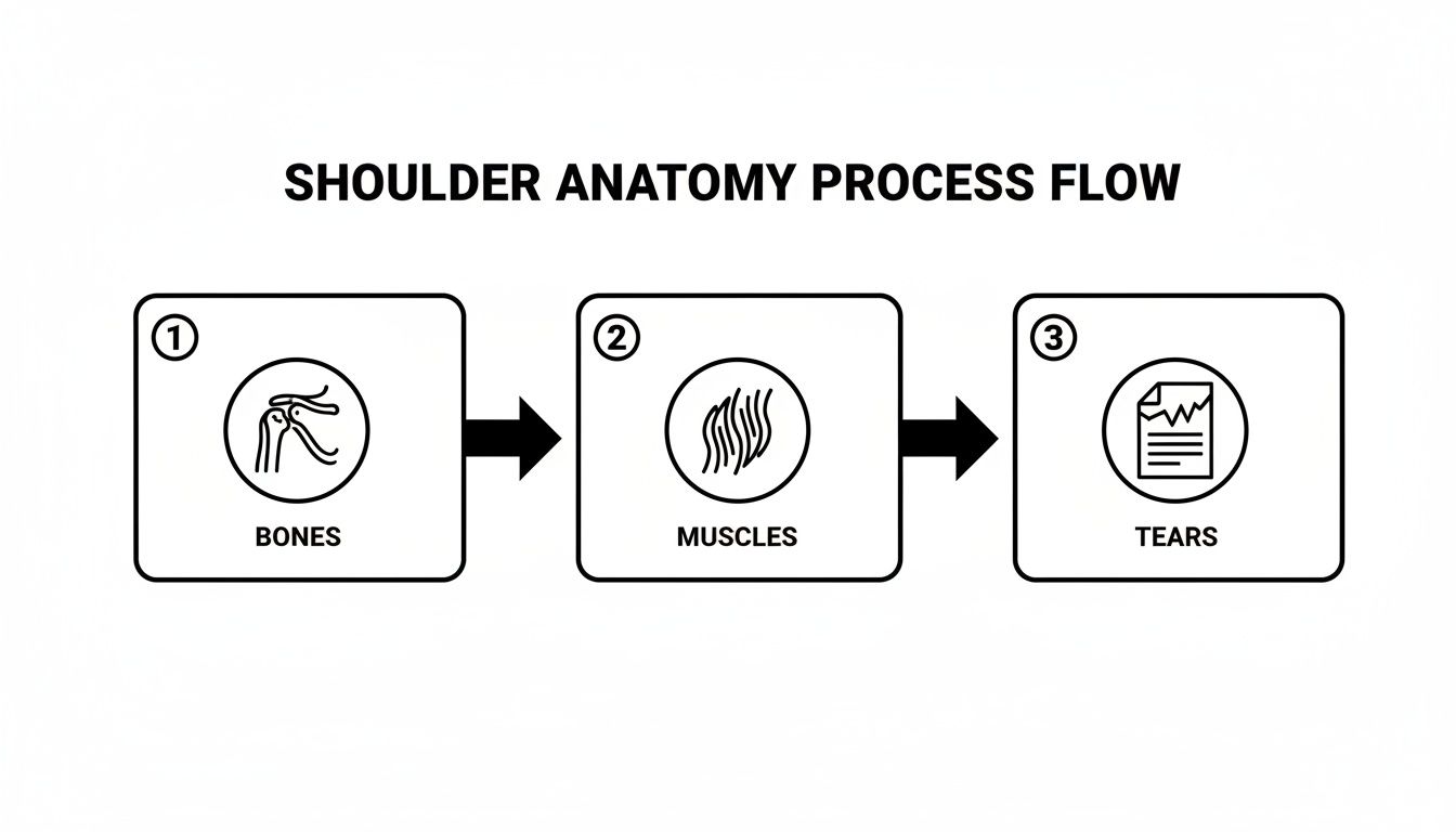 A shoulder anatomy process flow diagram illustrating bones, muscles, and potential tears.