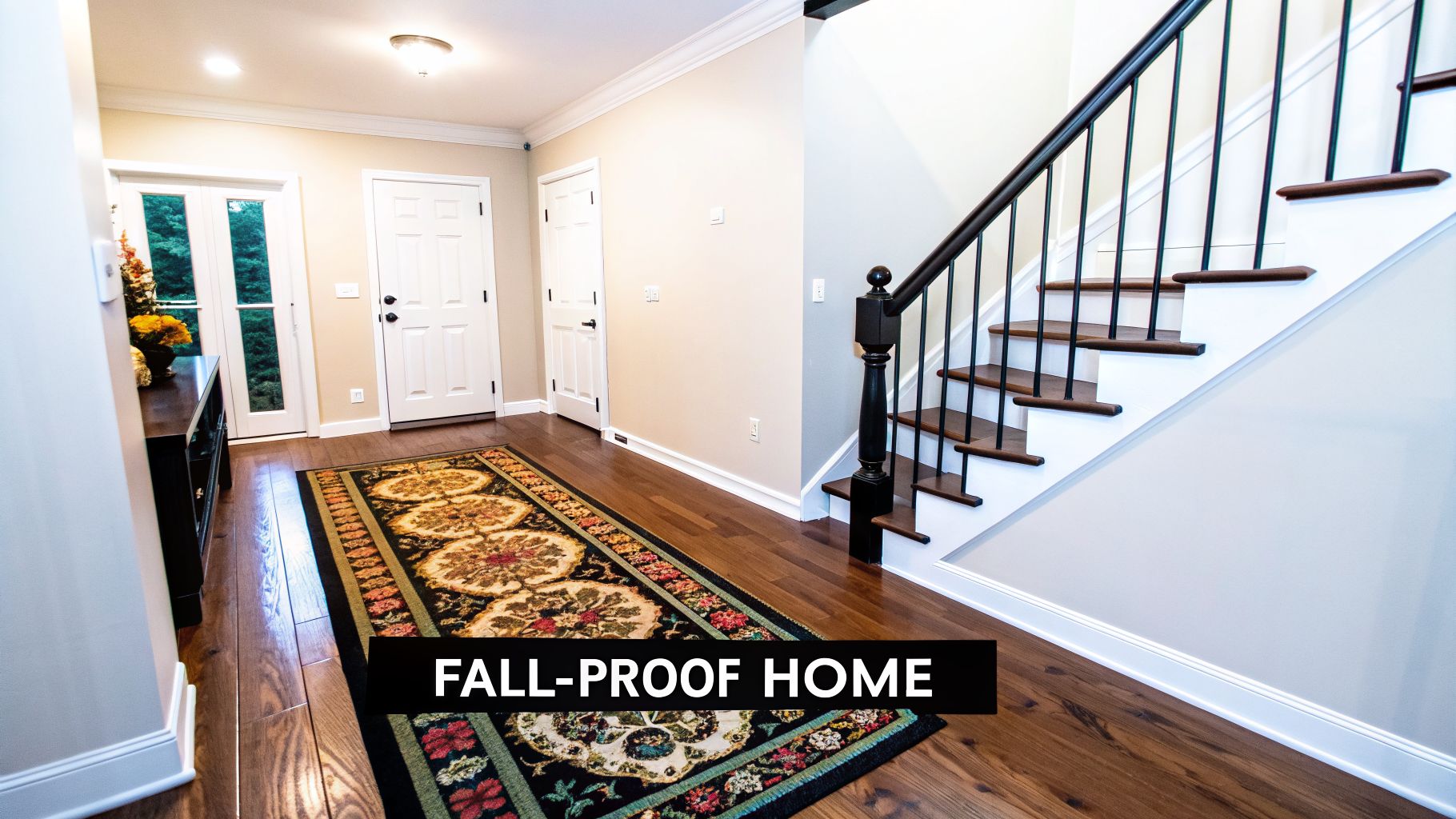 Bright home entryway with hardwood floors, a long patterned rug, stairs with dark railing, and 'FALL-PROOF HOME' text.