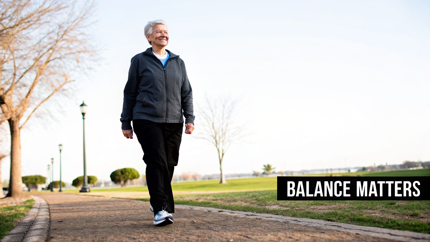 A happy senior woman walks on a park path, smiling, with a banner that reads 'Balance Matters'.