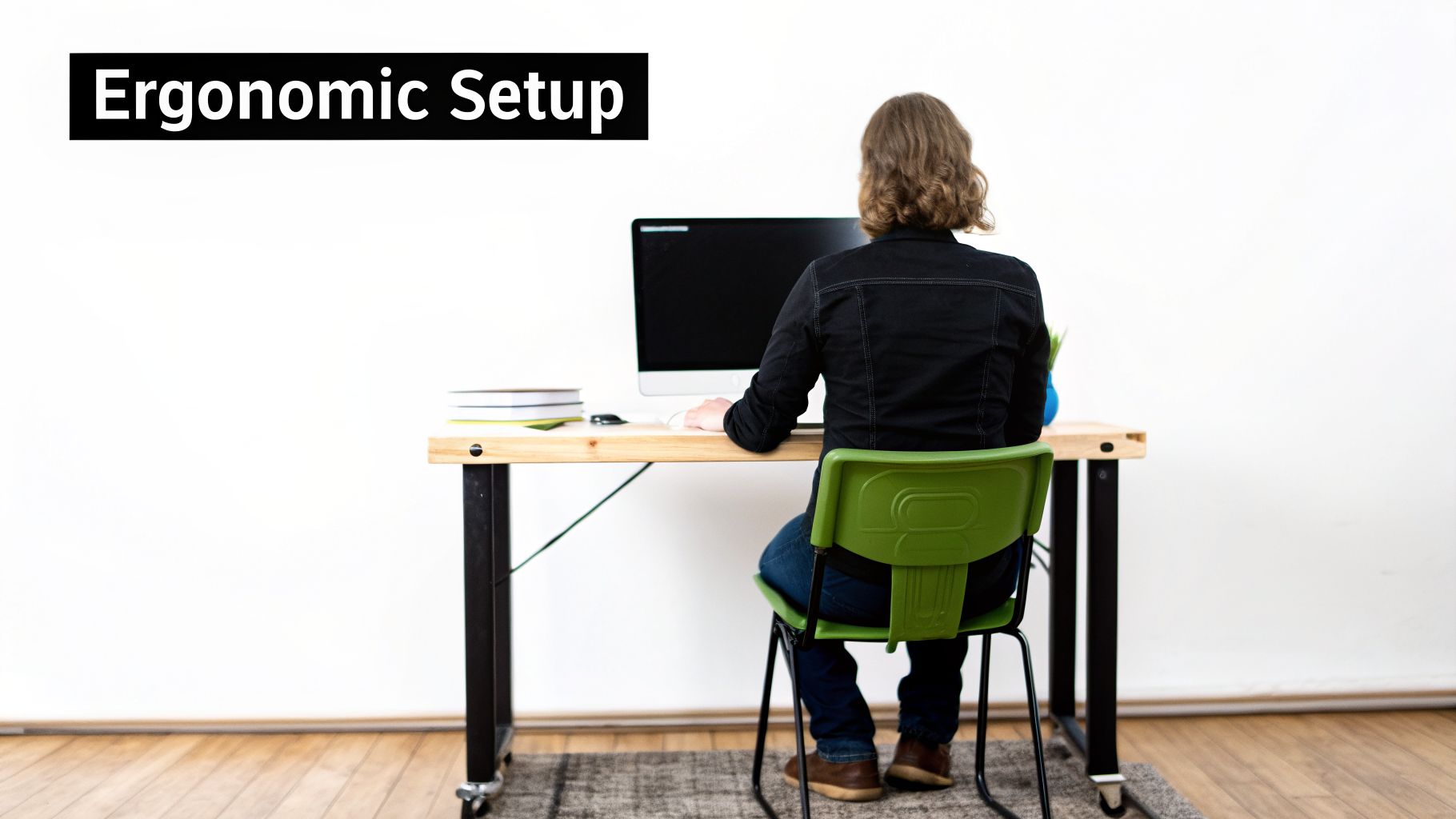 Rear view of a person working at a computer on an ergonomic desk setup in a bright room.