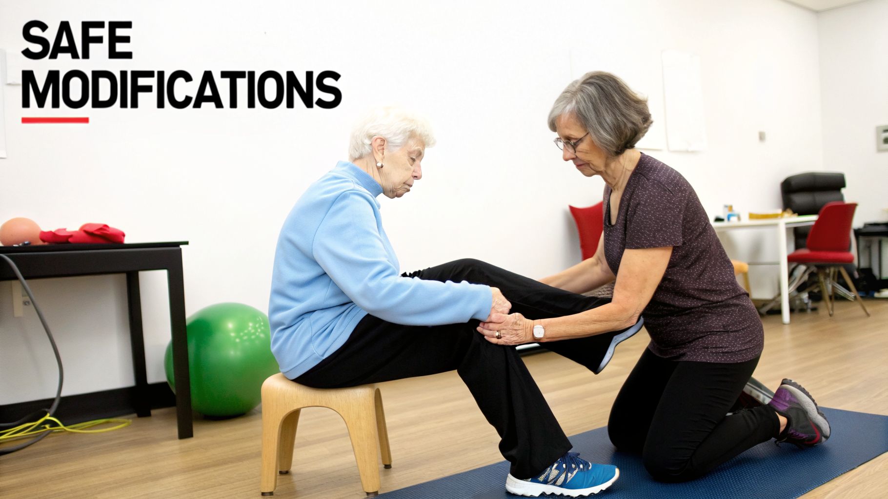 Two senior women performing assisted leg exercises for safe modifications in a gym setting.
