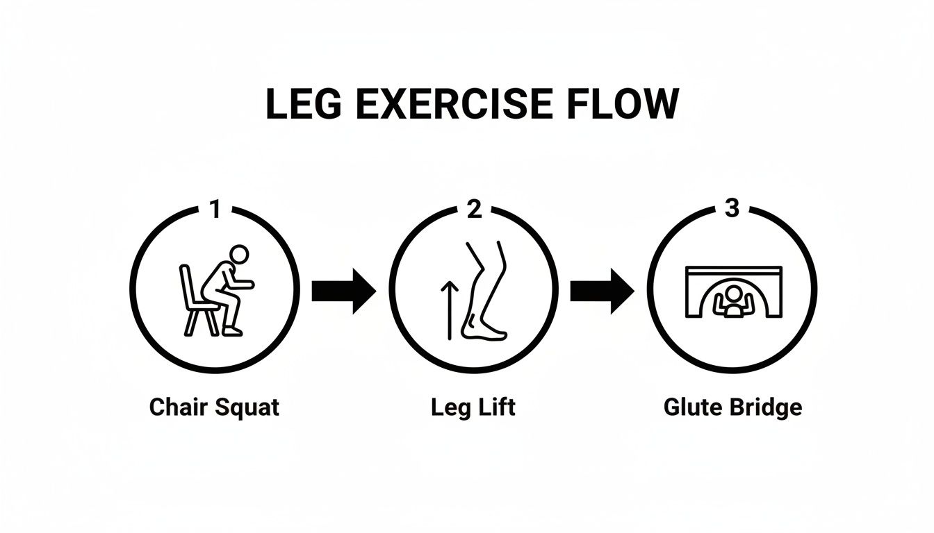 Diagram showing a sequence of leg exercises for seniors, including chair squat, leg lift, and glute bridge.