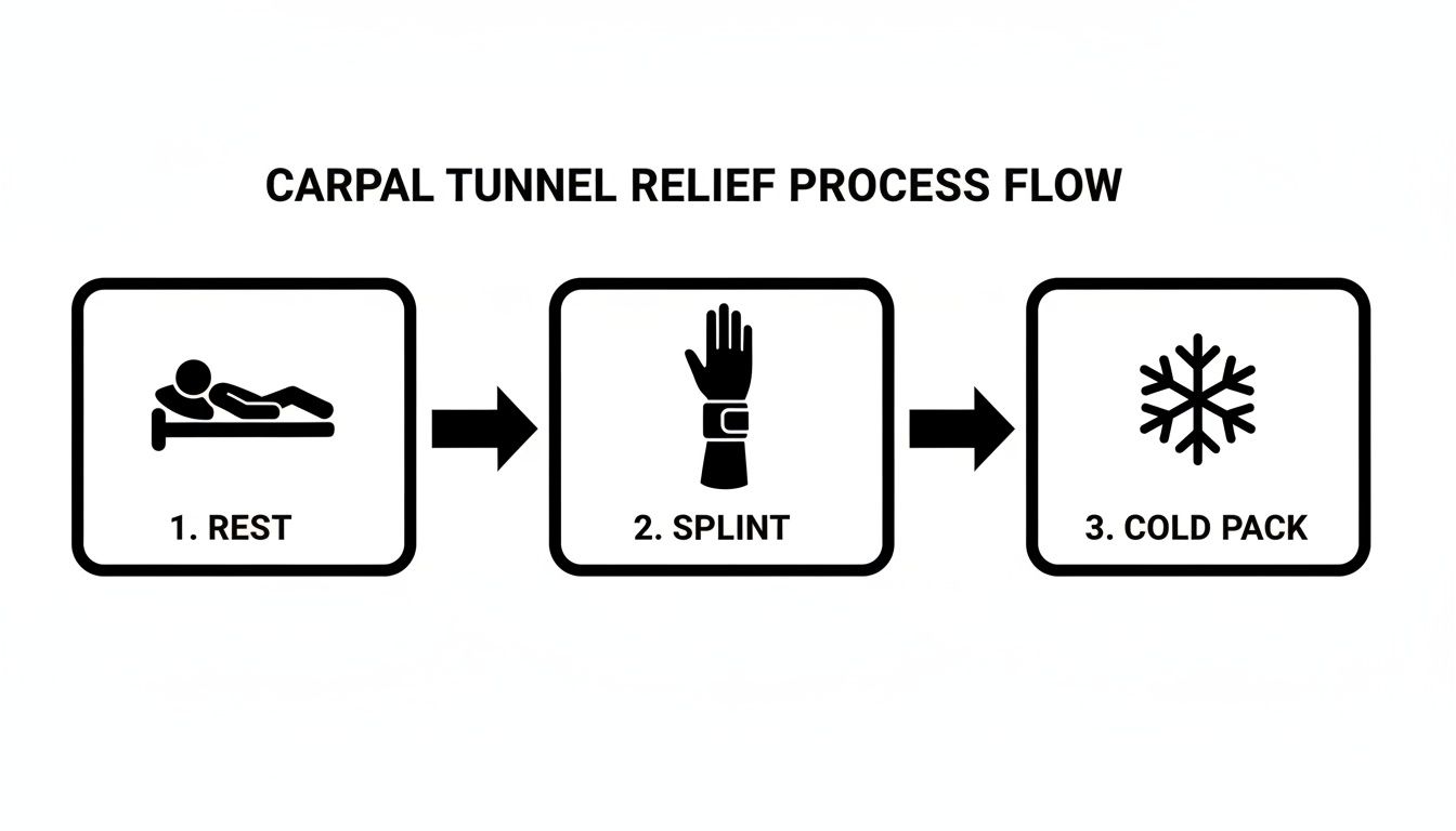 Process flow diagram illustrating carpal tunnel relief steps: rest, applying a splint, and using a cold pack.