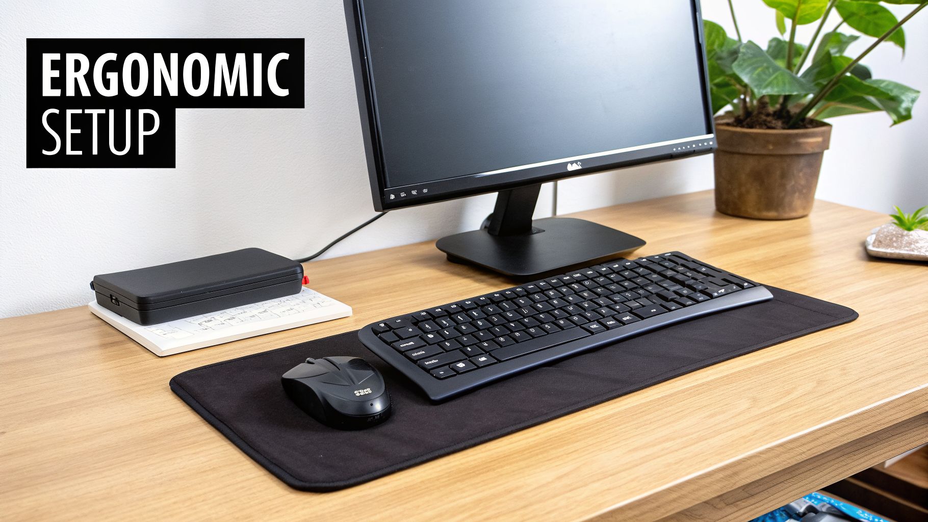 An ergonomic desk setup featuring a monitor, black keyboard, mouse, and a small black box.