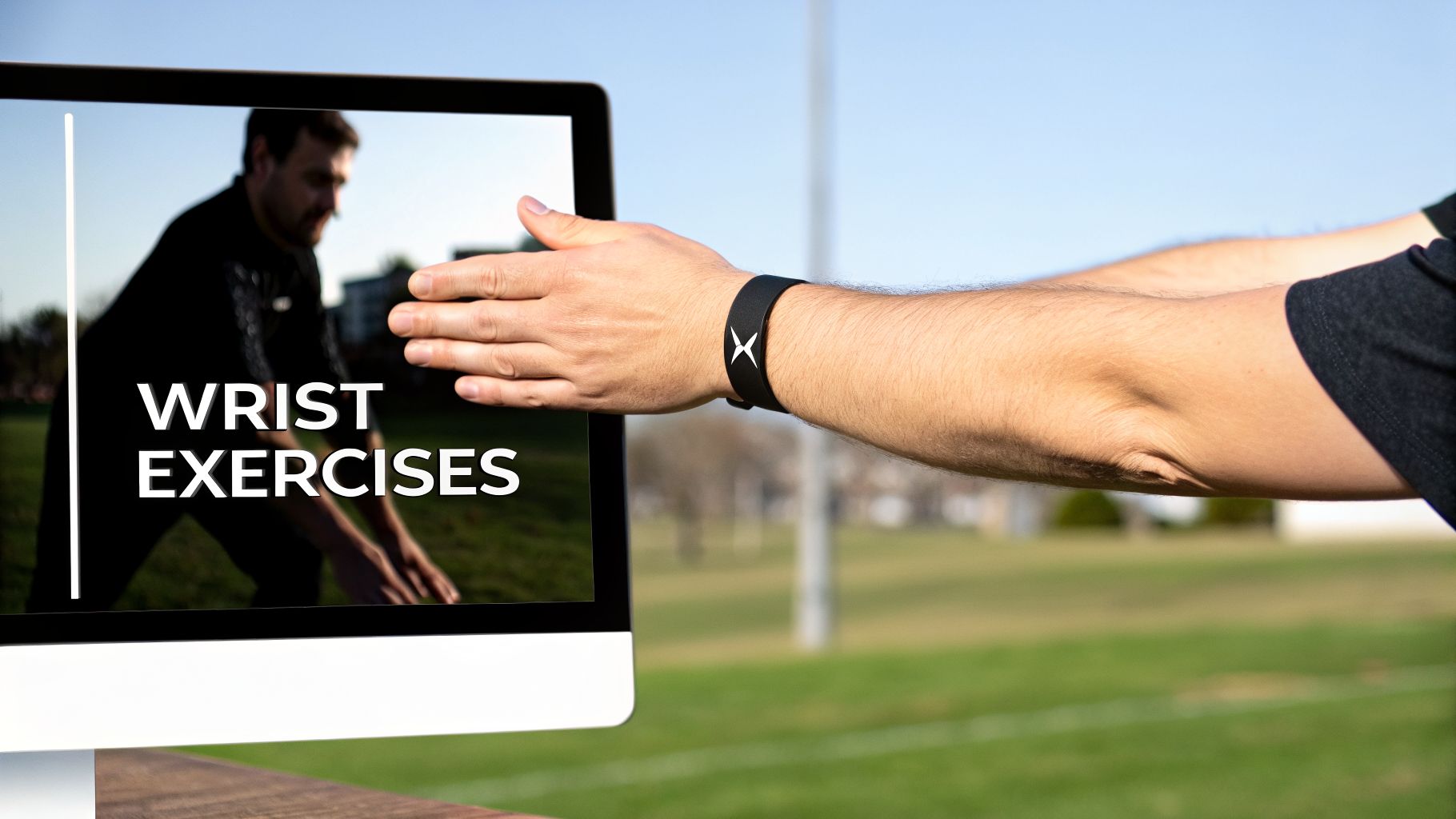 Arms reaching for a monitor showing 'WRIST EXERCISES' against a bright outdoor background.