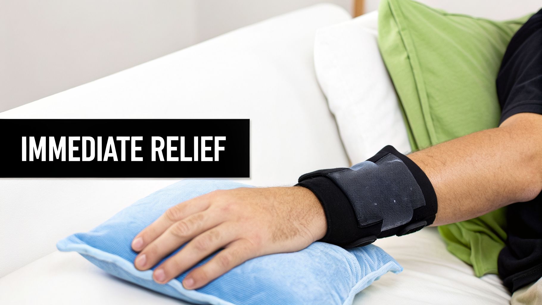 A person wearing a wrist brace rests their hand on an ice pack, with text "IMMEDIATE RELIEF" overlaid.