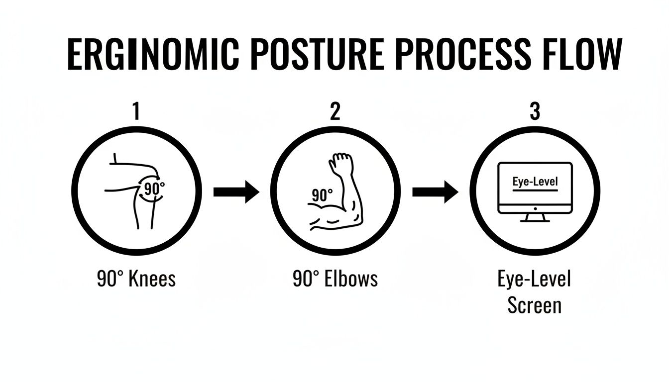 Flow chart illustrating ergonomic posture steps: 90-degree knees, 90-degree elbows, and an eye-level screen.