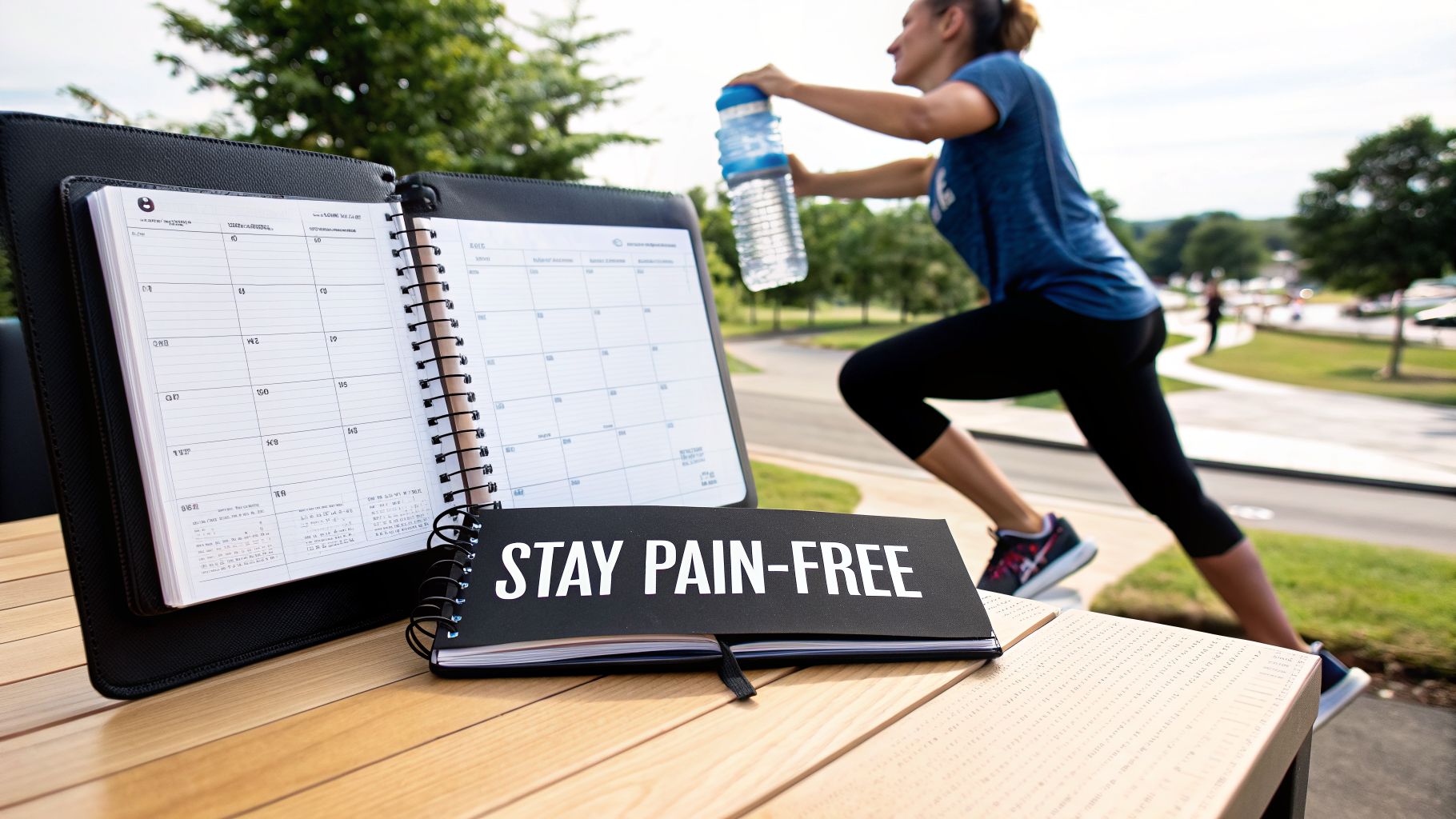 A woman exercises outdoors while a planner and 'STAY PAIN-FREE' notebook sit on a table.