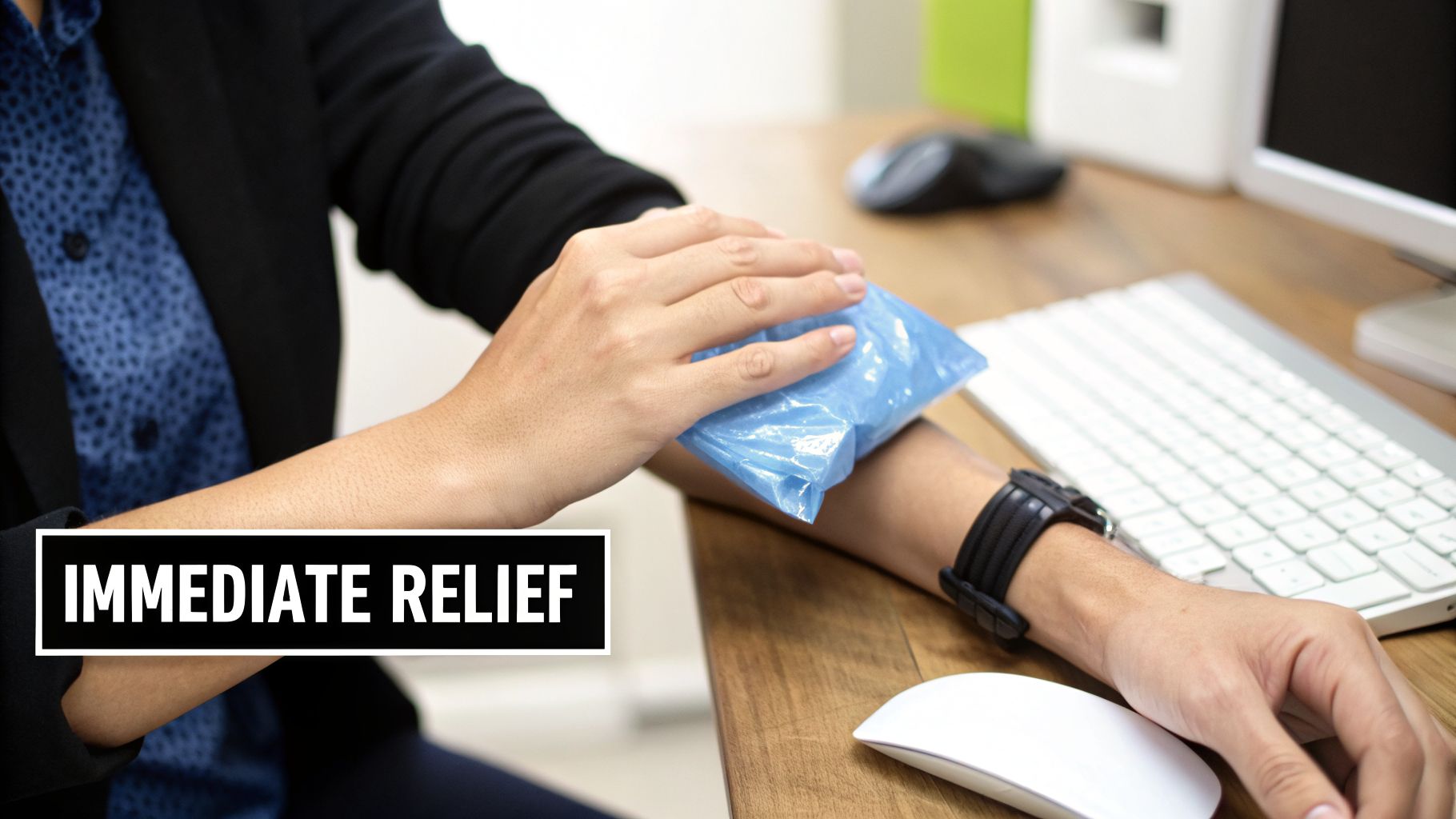 A person applies a blue ice pack to their forearm while sitting at a computer desk for relief.
