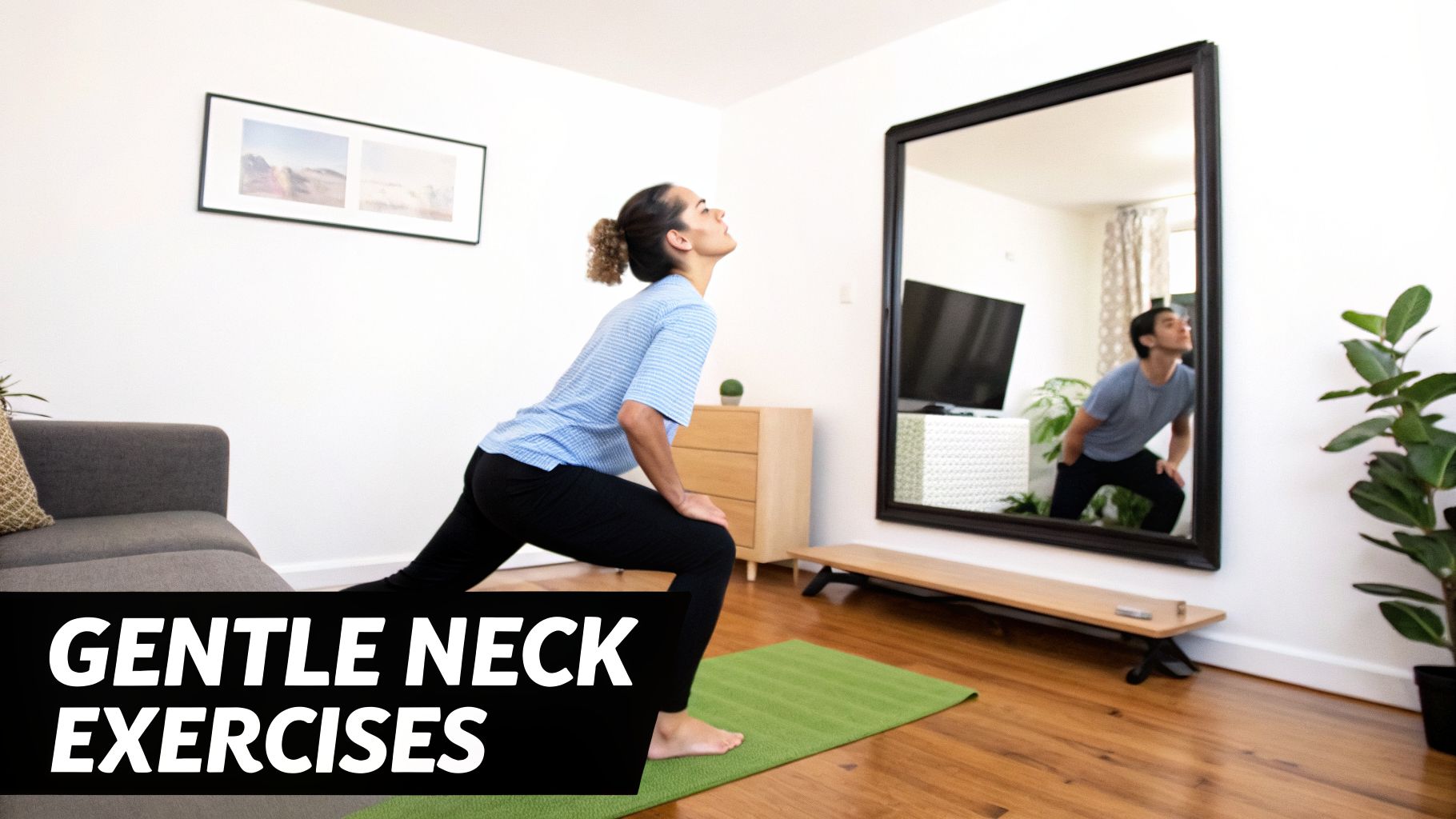 Woman performing gentle neck exercises on a mat at home, reflected in a mirror.