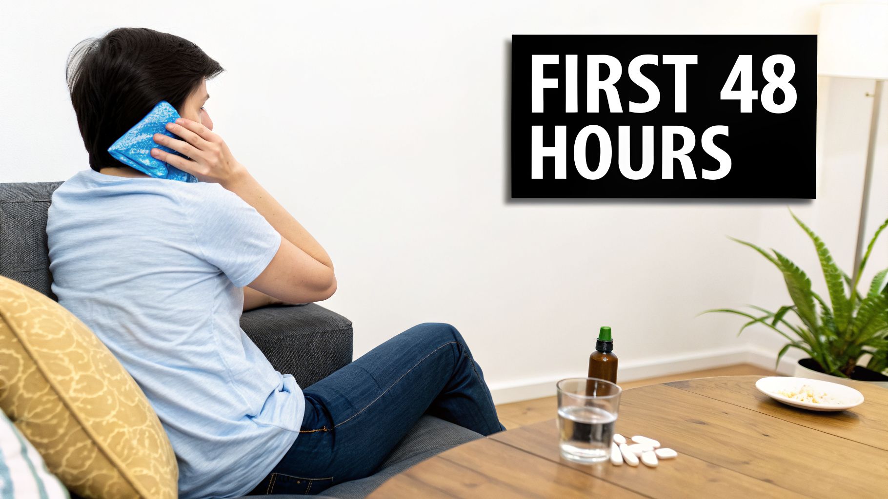 A person applies an ice pack to their neck, with pills and water on a table and a 'First 48 Hours' sign.