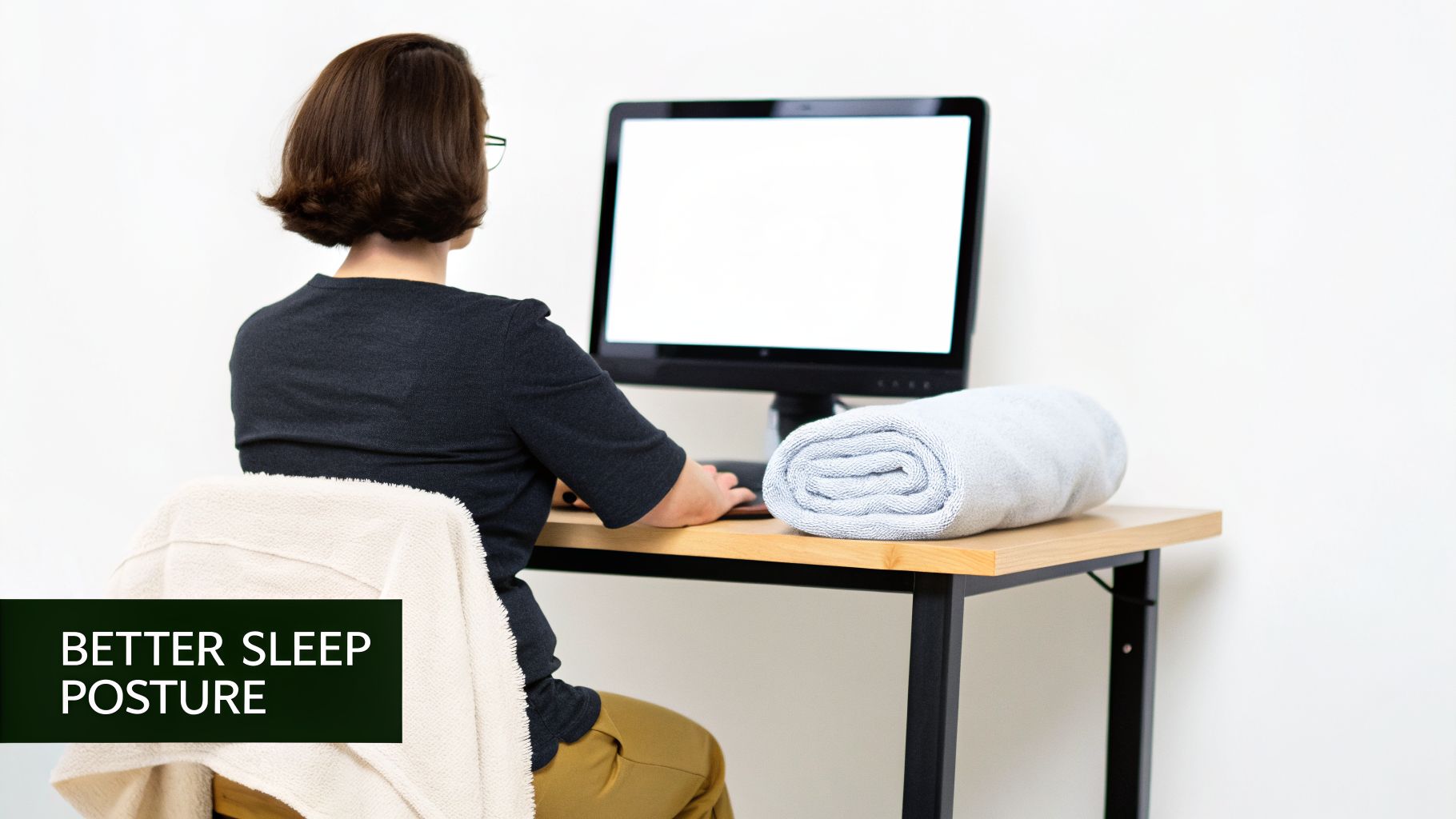A person with short hair sits at a desk, facing a computer monitor, with a rolled towel.