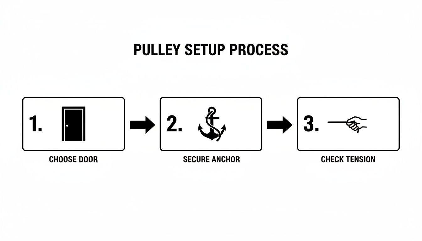 A three-step diagram illustrating the pulley setup process, showing choosing a door, securing an anchor, and checking tension.