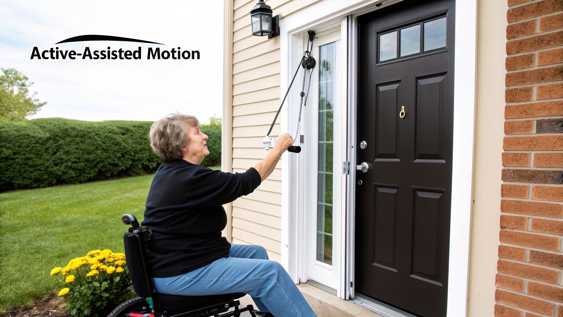 Elderly woman in a wheelchair uses an over-the-door pulley exerciser for arm rehabilitation.