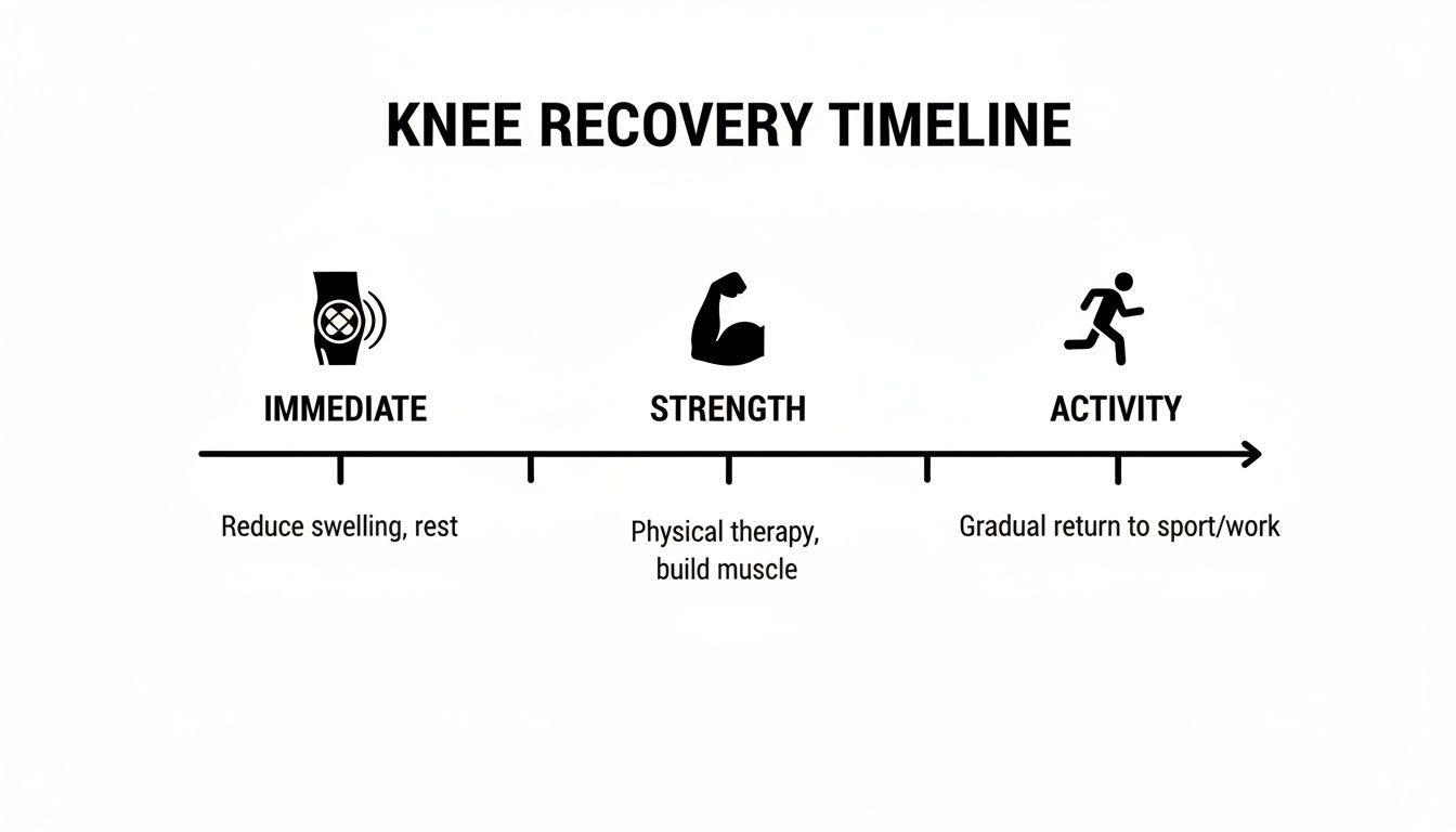 A knee recovery timeline chart illustrating immediate, strength, and activity phases with descriptions.