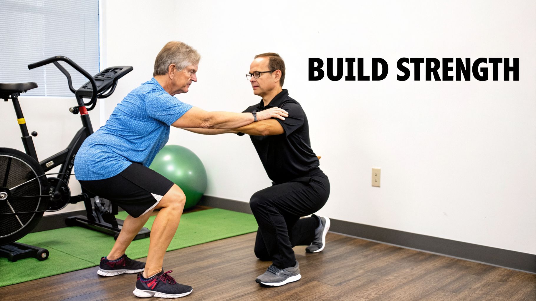 Two men, one older, performing a guided squat exercise with assistance in a physical therapy setting.