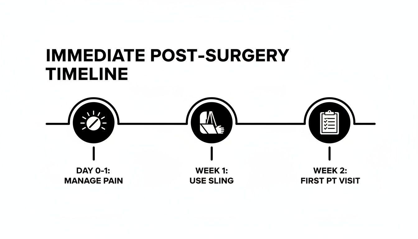 Timeline illustrating immediate post-surgery recovery stages: pain management, sling use, and first physical therapy visit.