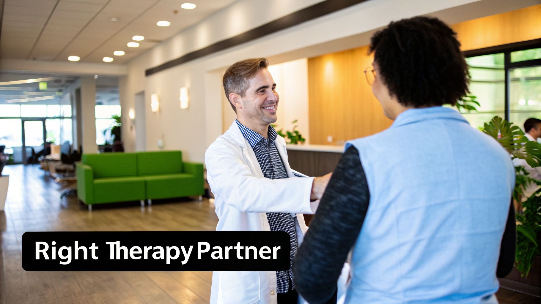 A smiling male physical therapist in a white coat talks to a female patient in a bright therapy office.
