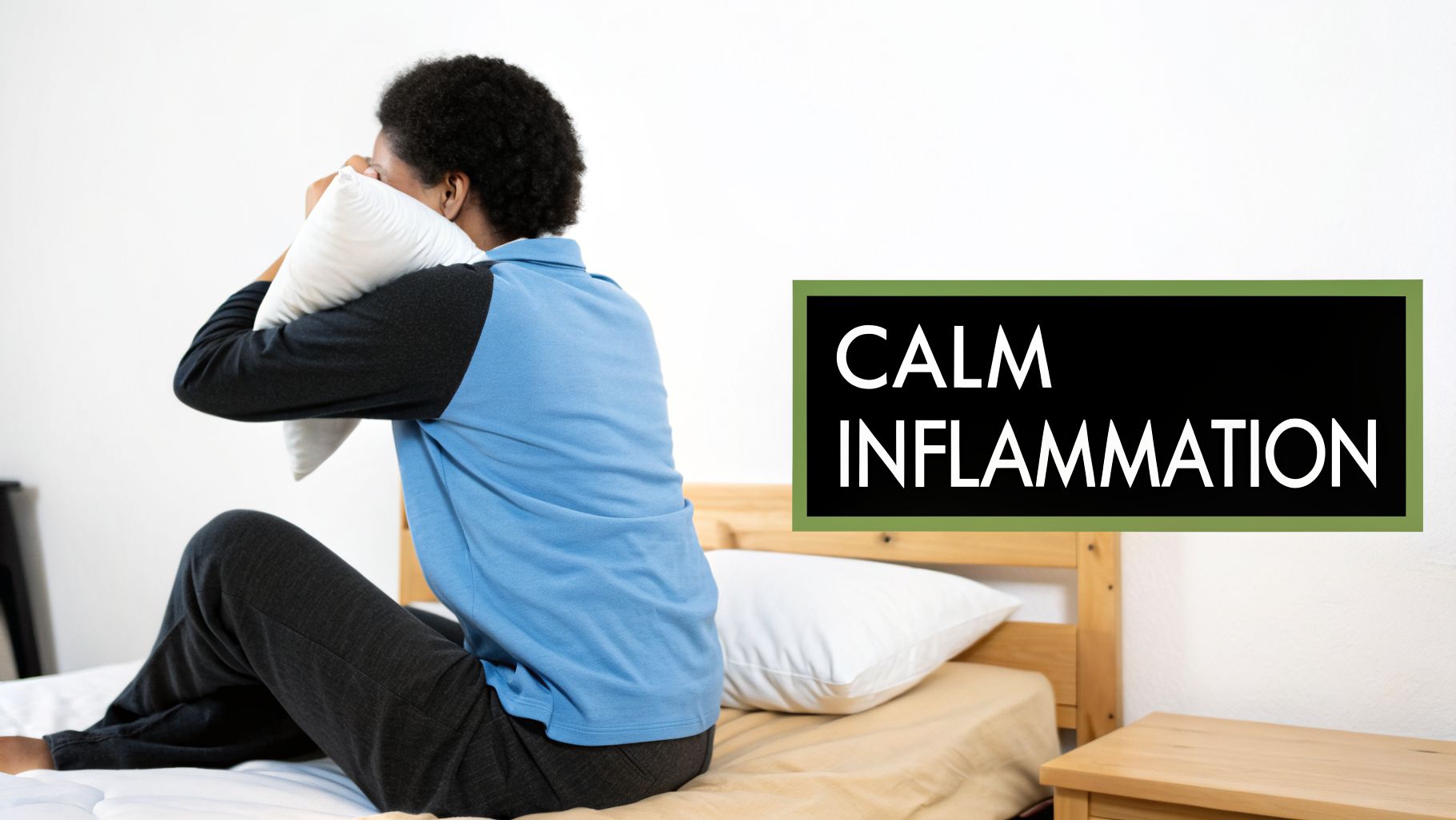 Person on bed with pillow over face, displaying discomfort, alongside 'CALM INFLAMMATION' message.