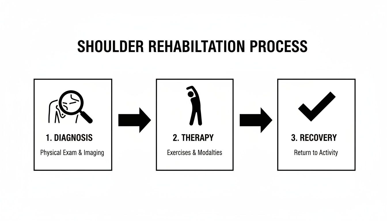 Infographic illustrating the 3-step shoulder rehabilitation process: diagnosis, therapy, and recovery.