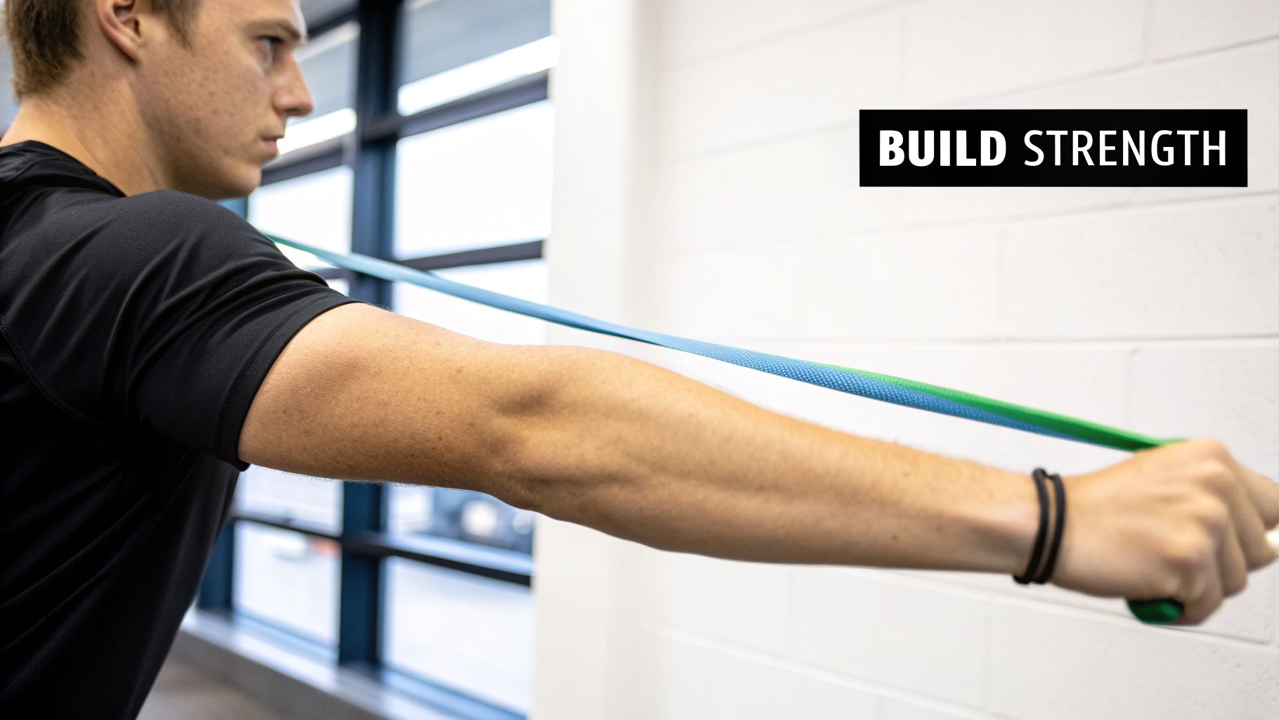 A man performing resistance band exercises to build strength, focusing on shoulder rehabilitation.