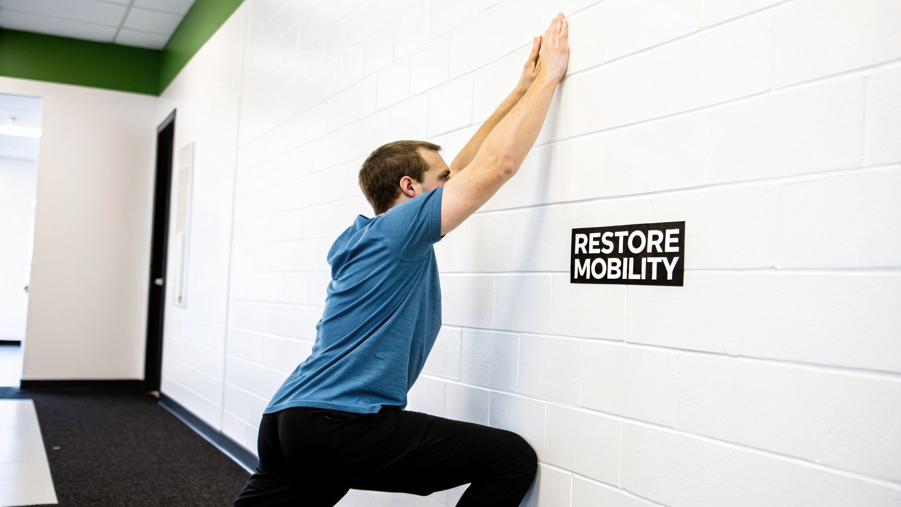 A man in a blue shirt performs a shoulder stretch against a white wall, under a "RESTORE MOBILITY" sign.
