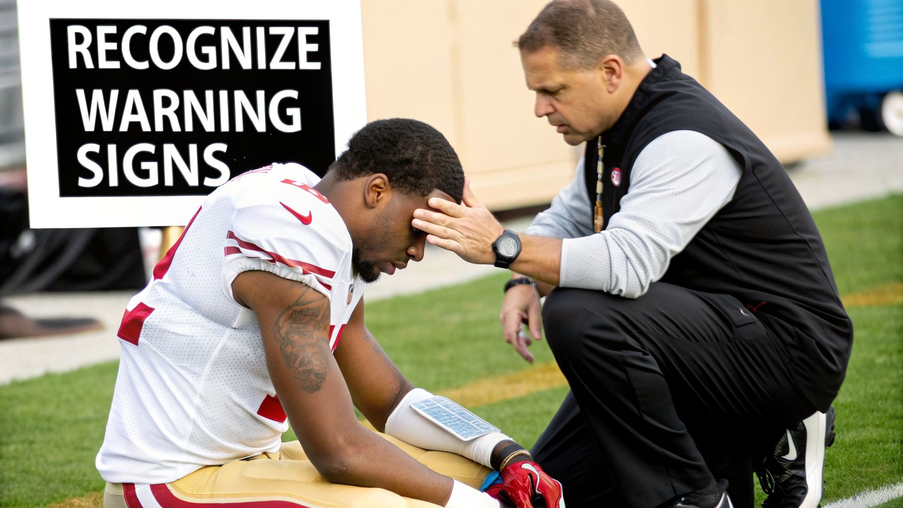 A football player, head in hands, is comforted by a staff member on the field near a 'RECOGNIZE WARNING SIGNS' sign.