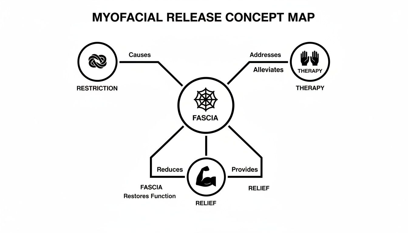 A concept map showing how fascia relates to restriction, therapy, and relief.