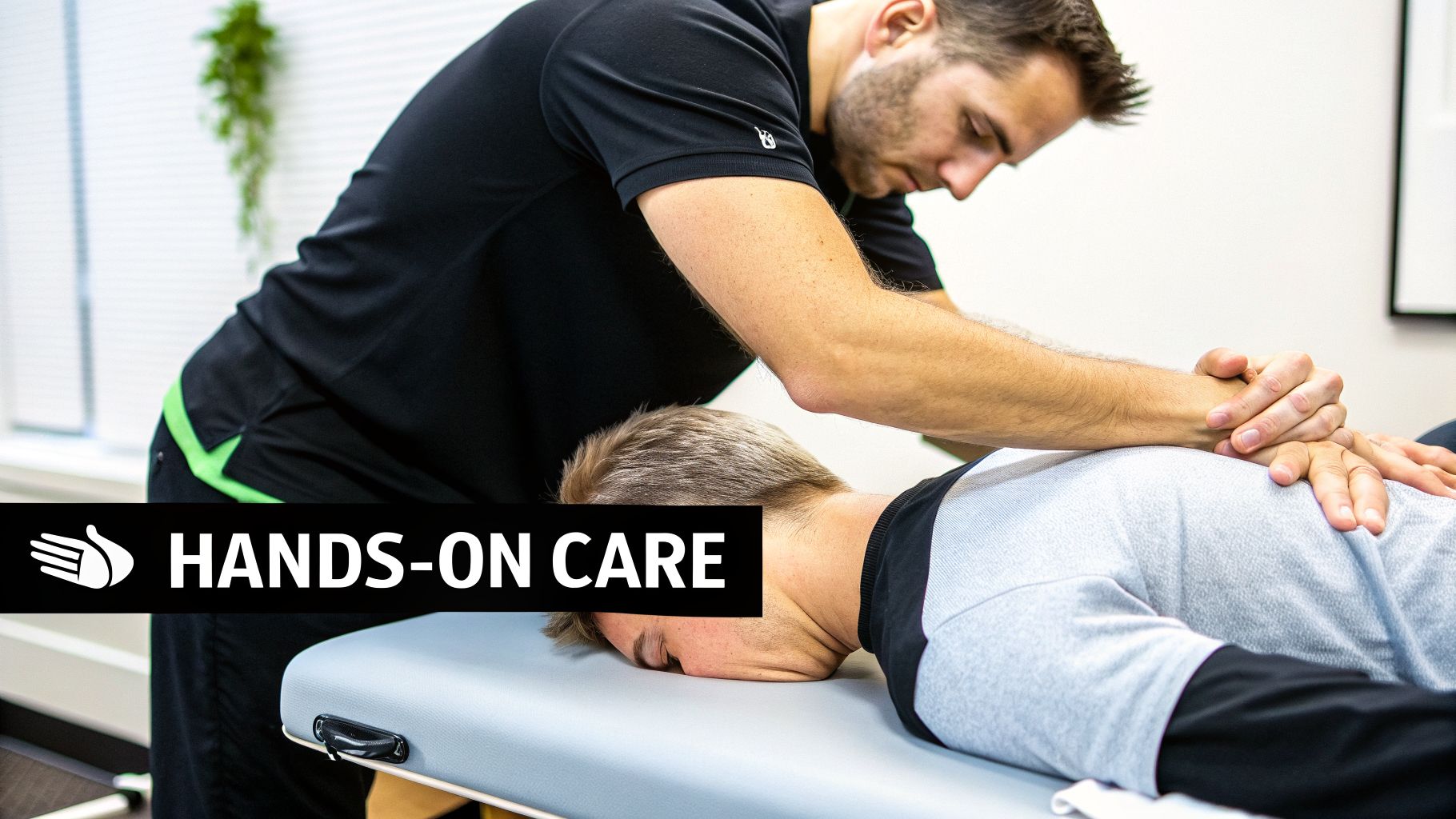 A male therapist performs hands-on care on a patient's back lying on a treatment table.