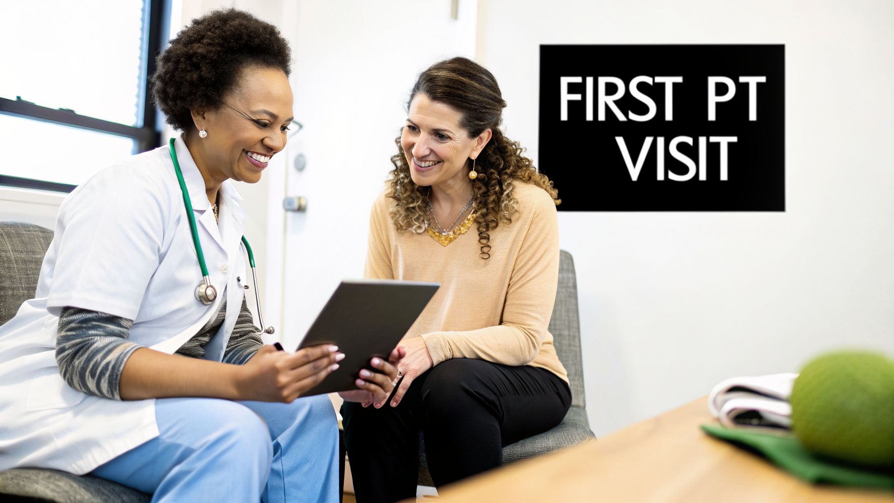 A smiling physical therapist reviews information on a tablet with a female patient during her first visit.