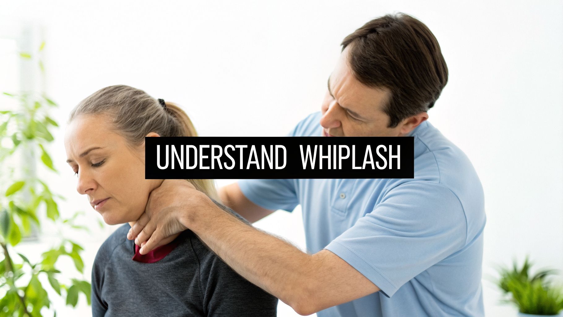 A therapist examines a woman's neck for whiplash, highlighting understanding the condition.