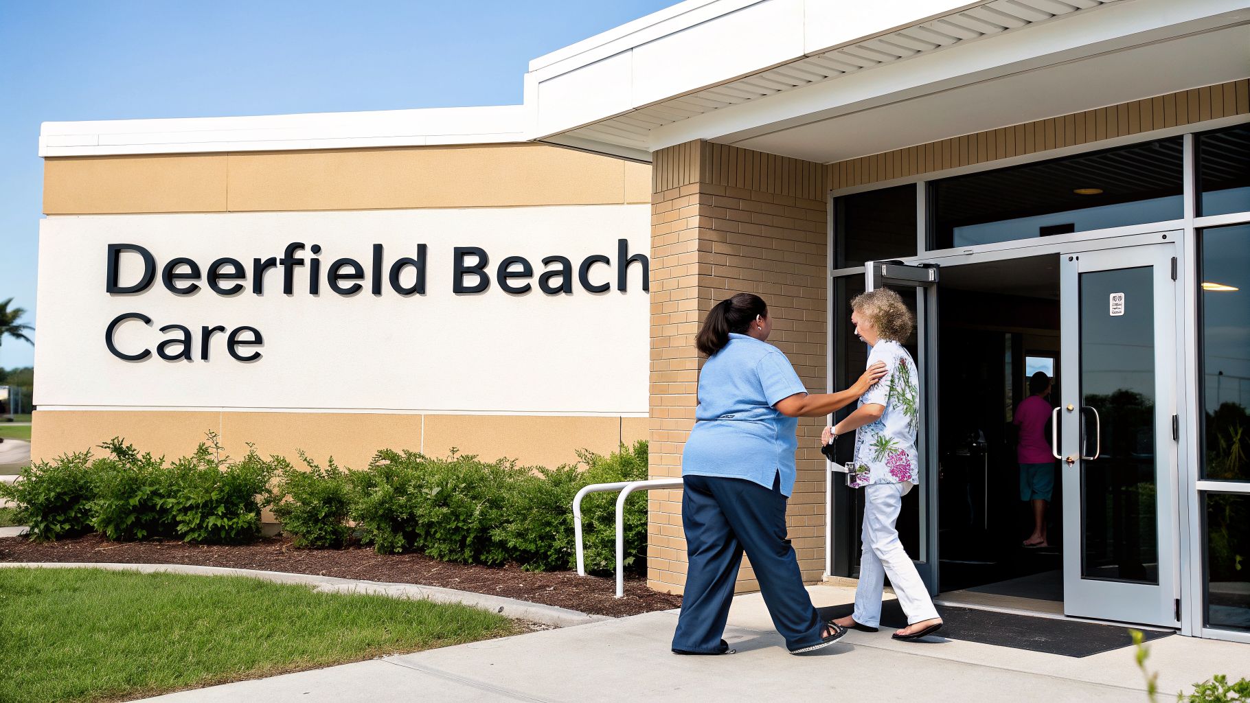 A caregiver in blue assists an elderly woman exiting the "Deerfield Beach Care" building.
