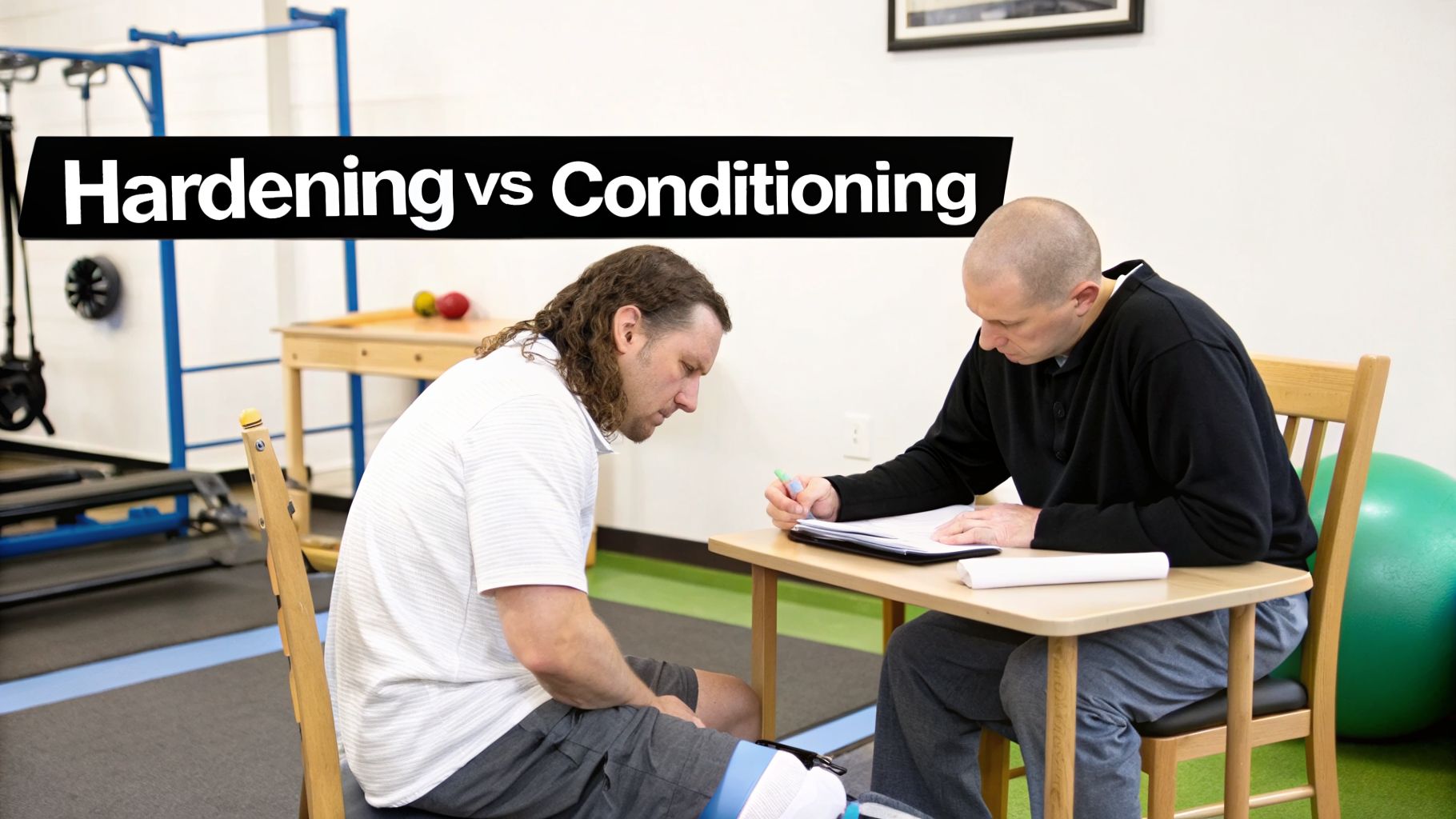Two men discuss 'Hardening vs Conditioning' at a desk in a rehabilitation or therapy room.
