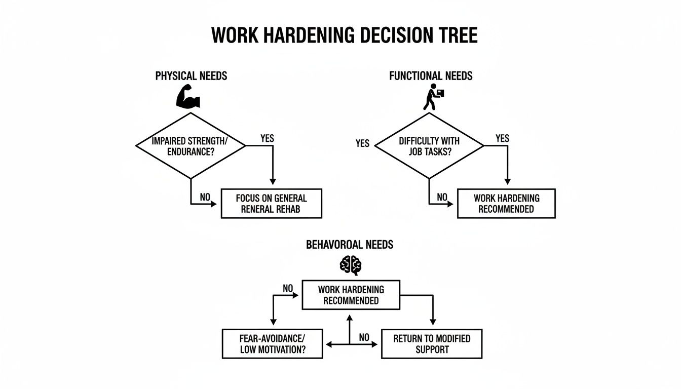 Work hardening decision tree flowchart outlining physical, functional, and behavioral needs criteria.